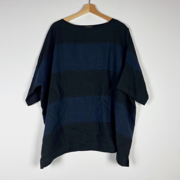 Eskandar Linen Lightweight Woven Boatneck Boxy Cut Oversized Blue Black Blouse L - Picture 4 of 4